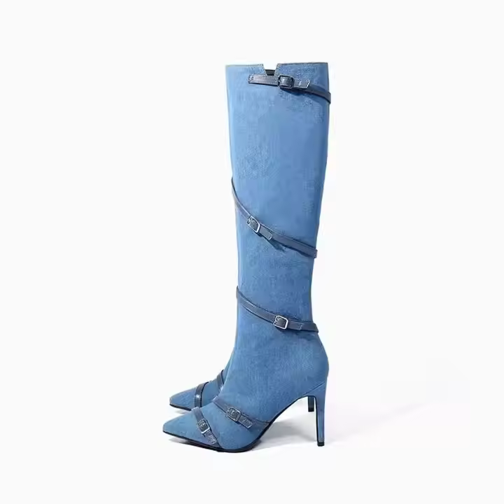 Custom Women's Stiletto Boots New Arrival Ladies Long Heel Fashion Pointy Toe Denim Knee-High Strap Winter Boot
