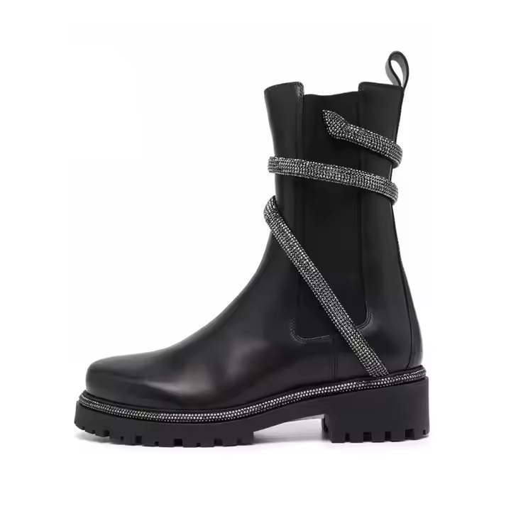 Custom Women's Mid Heel Winter Short Boots Solid Color Rhinestone Snake Wrap Genuine Leather Plush Lining PU Insole