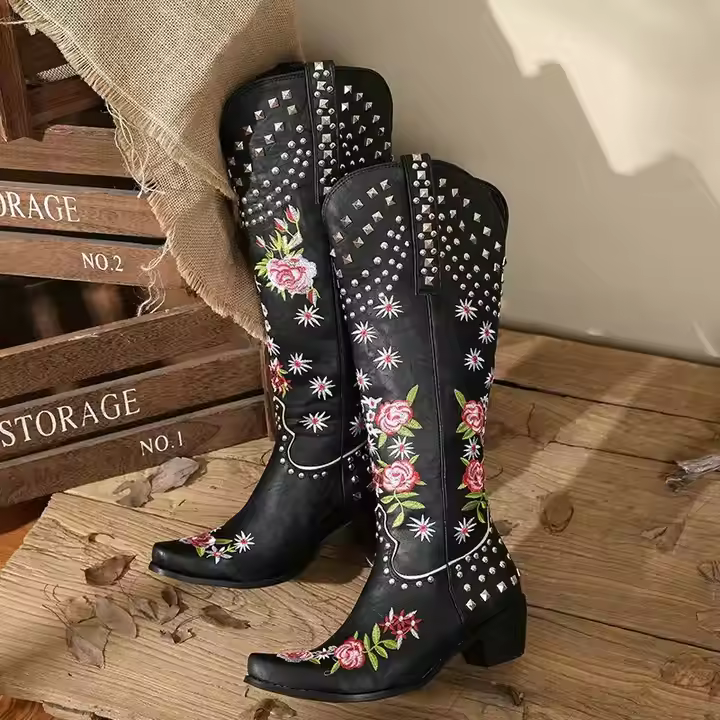 Women's Mid-Calf Western Boots with Custom Embroidery Square Toe Thick Heel Fashionable Cowboy Design for Winter