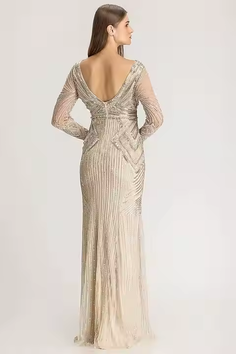 Elegant Floral Aline Luxury Evening Party Ball Gown full Sleeve Beaded Sequin Embroidery Long Body Shape Made High Quality