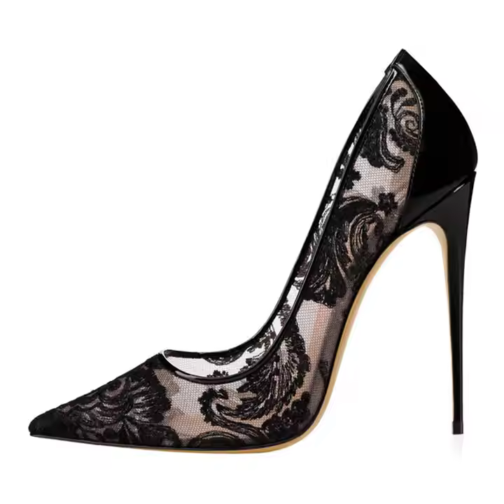 Custom Fashion Design Sheer Pointed Toe Lace and Patent Leather Slip on Stiletto High Heels Pumps