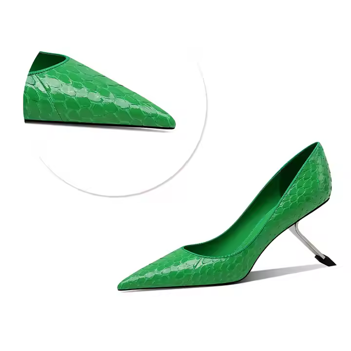Custom Women PU Strange Style Stiletto Heels Metal Decoration Personalized Geometric Pointed Toe Fashion Wedding Snakeskin Pumps