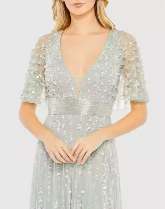 Women's Sexy V-Neck Short Sleeve Long Halter Prom Dress Heavy Beaded Hand Embellished Bodice Sequined for Parties Evening Events