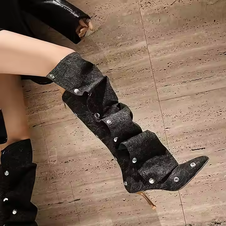 Custom Fashion Women's 8cm Stiletto Knee-High Boots Pointy Toe Printed Denim Shaft Winter Solid Rubber Ankle Zip