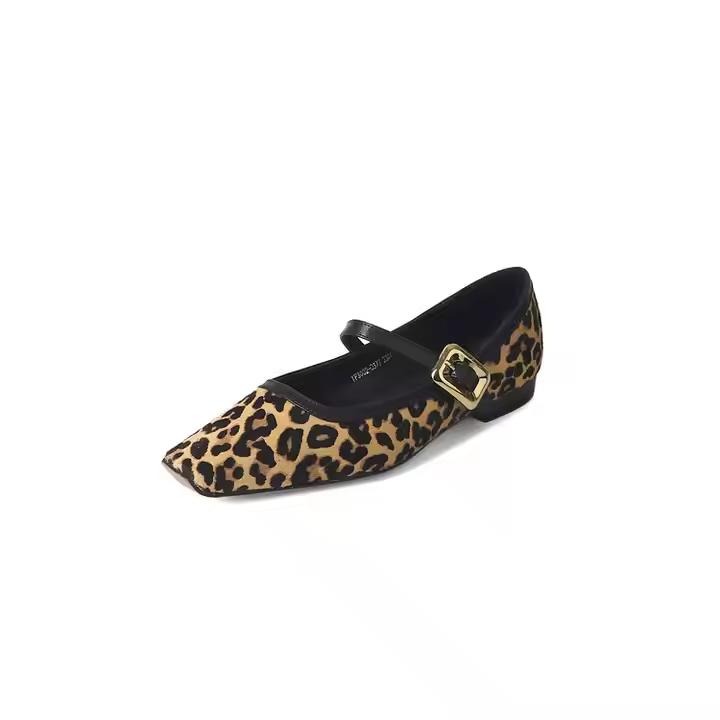 Ladies Ballerina Flat Shoes New Arrival Real Leather Mary Janes Square Closed Leopard Print Buckle Strap Ballet Summer