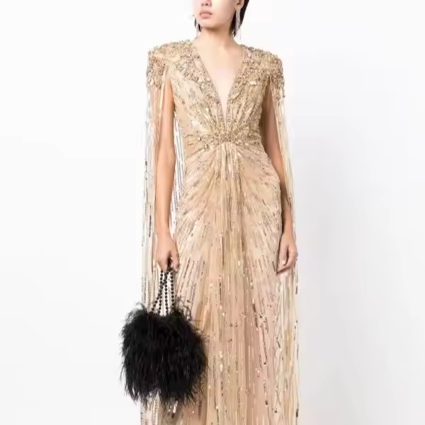 Luxury Evening Party Ball Gown High Quality Sleeveless Beaded Sequin Embroidery Floral Pattern Long Body Shape Anti-Static