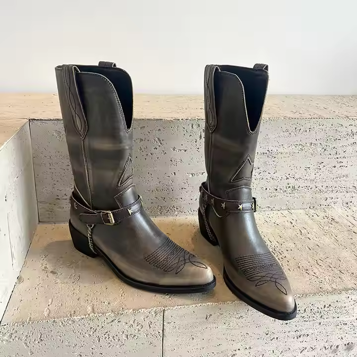 Customized Genuine Leather Women's Mid Calf Western Boots Distressed Cowboy Retro Style with Pointed Toe Winter Season