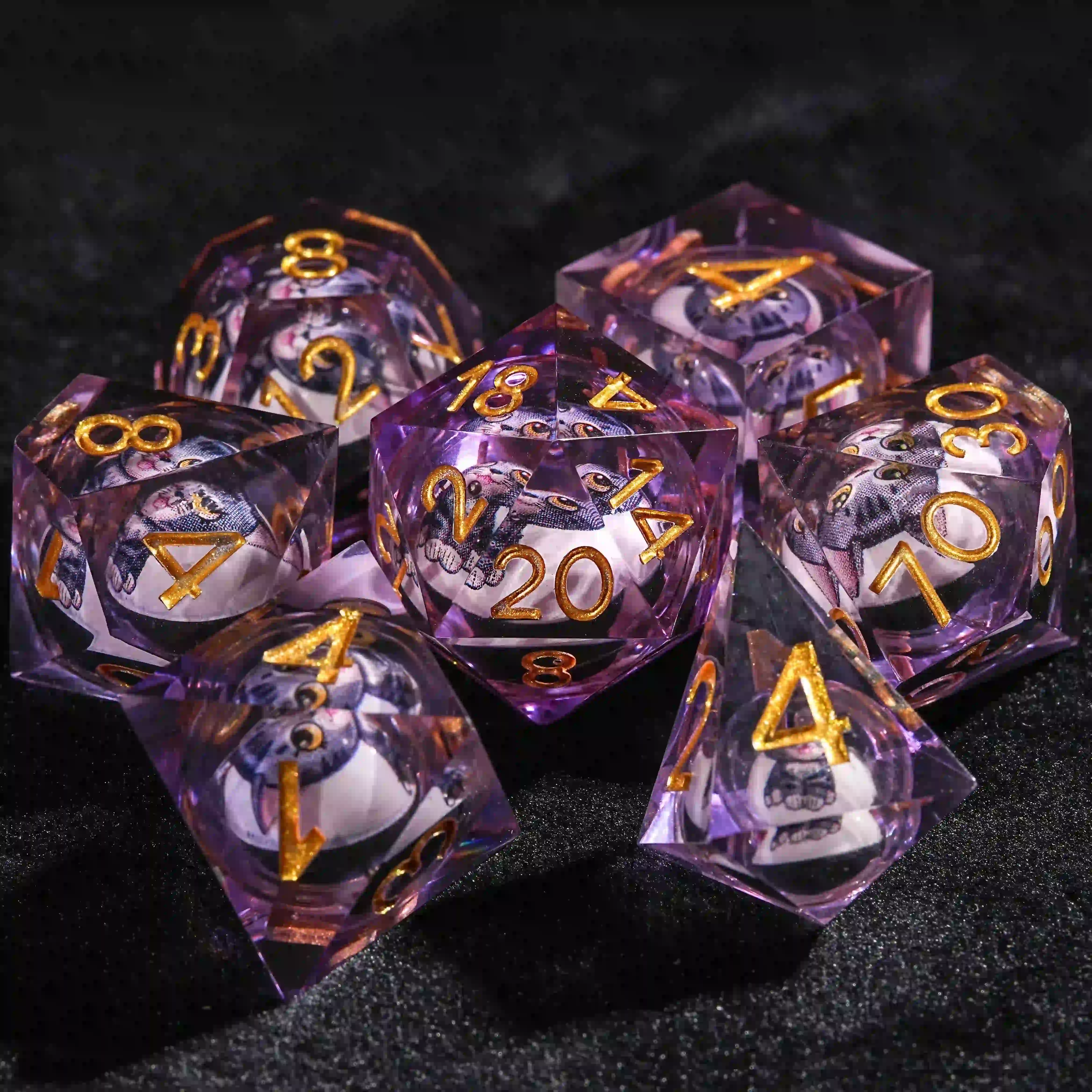 D&D Cat Liquid Core Purple Resin Dice Set | Bear Dice