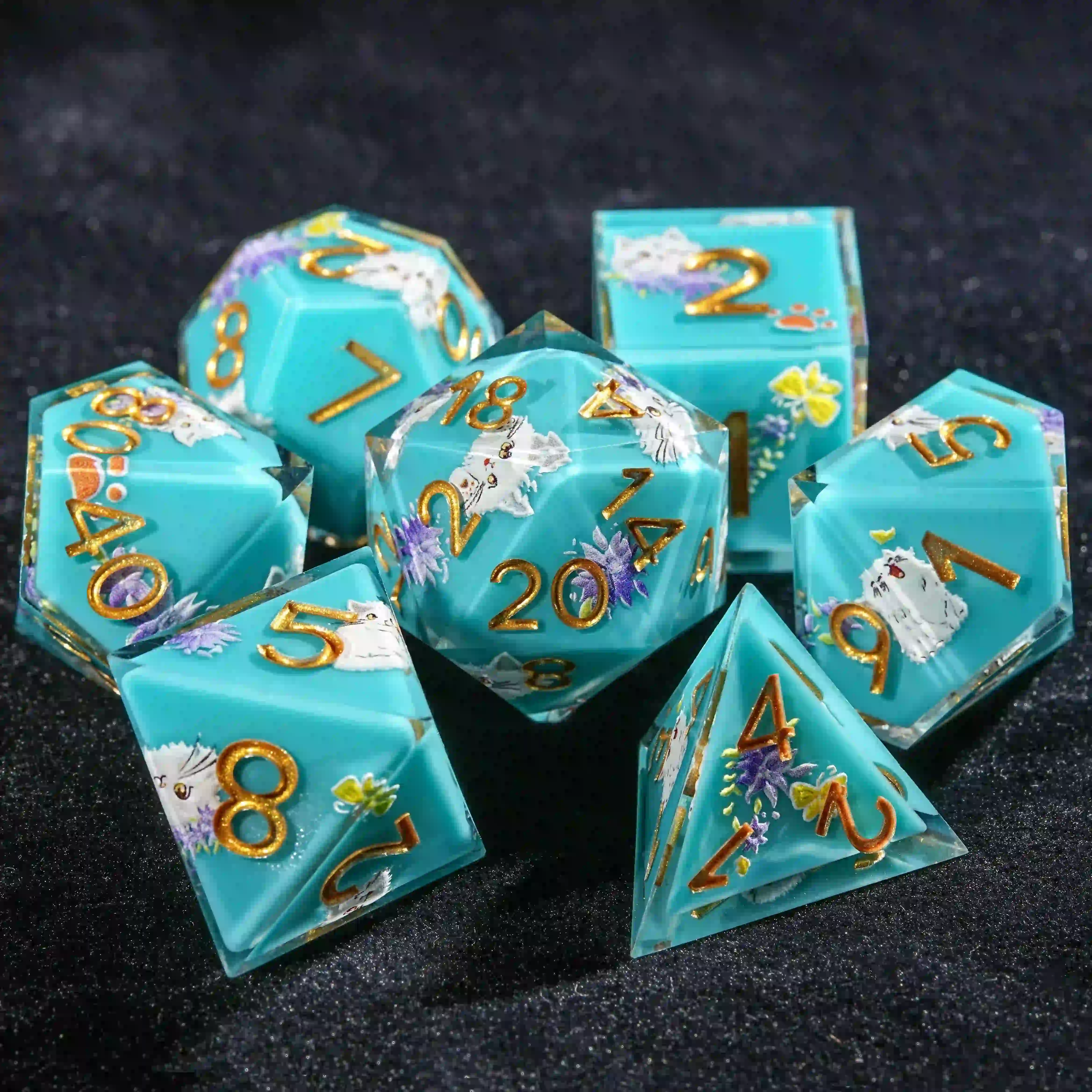 Fairy: Cute and adorable plush white cat blue resin DND dice set | Bear Dice