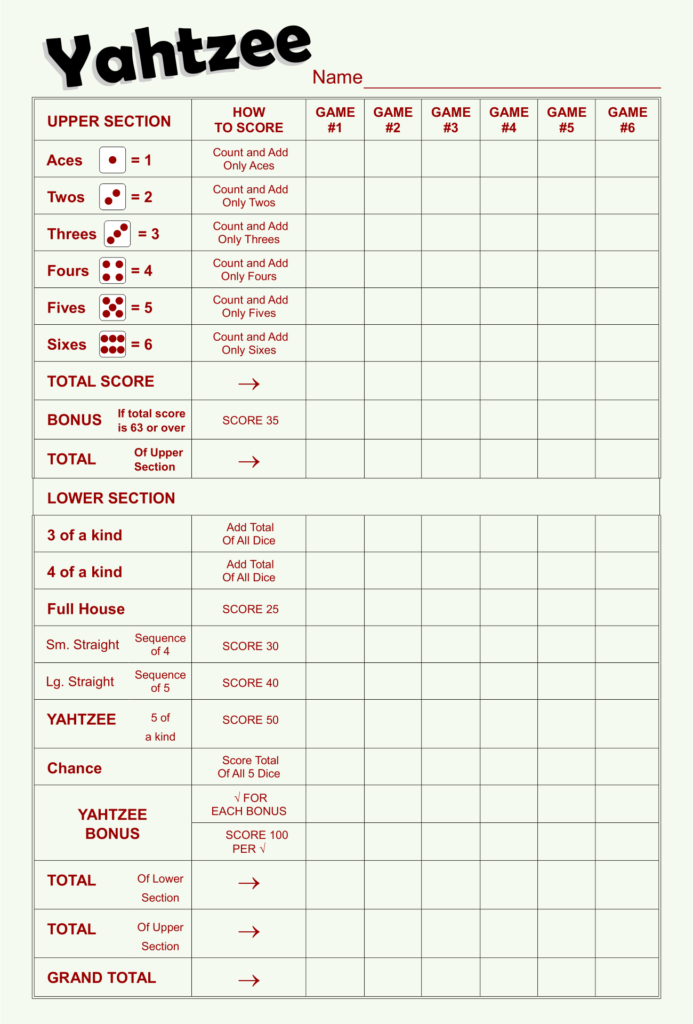 Free yahtzee score sheet | Bear Dice