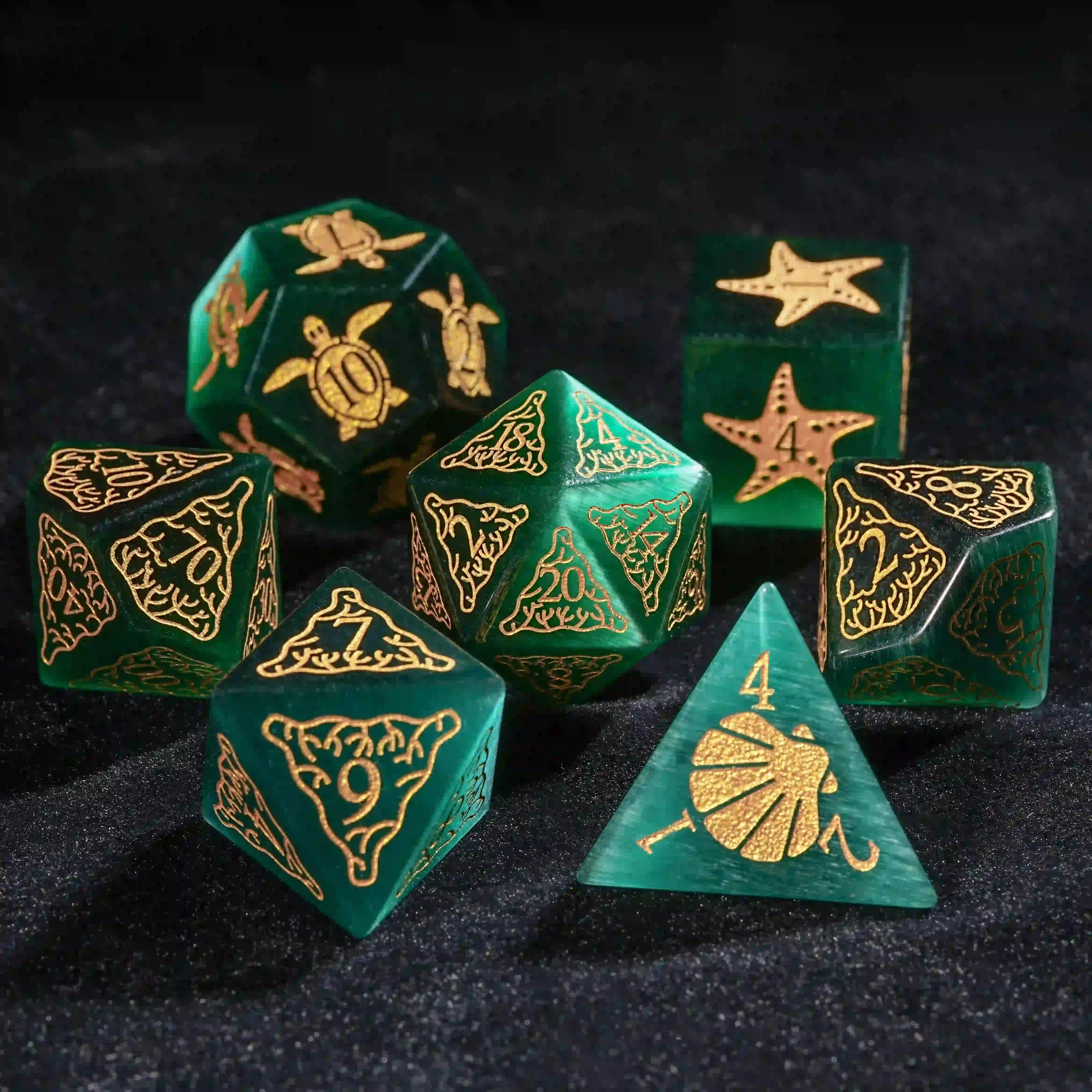 Green cat eye starfish  gem D&D dice set | Bear Dice