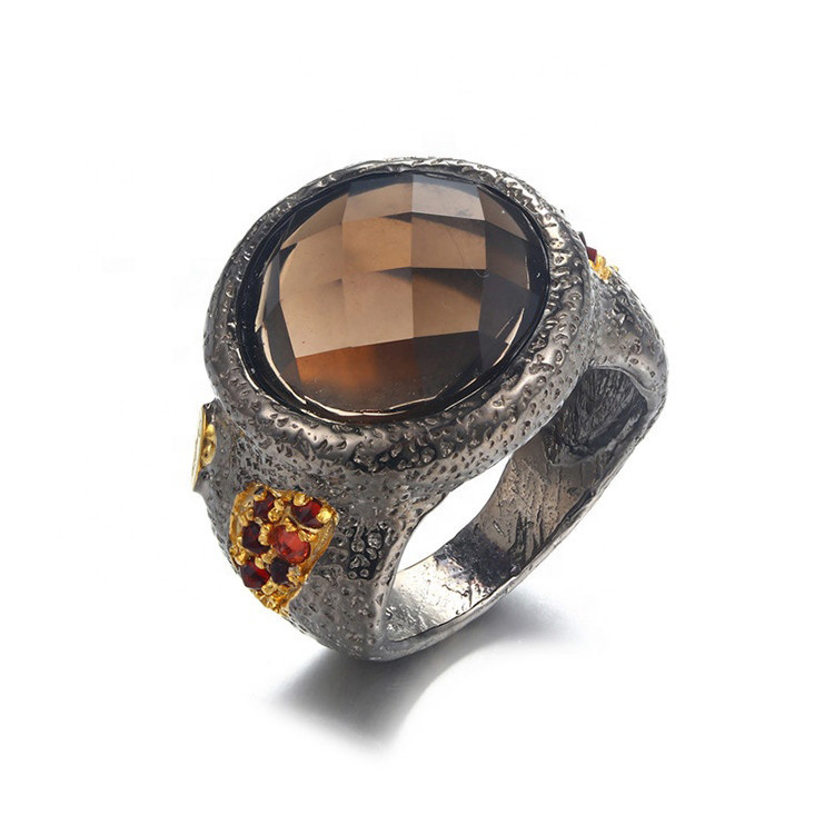Handmade Mexican Natural Smoky Quartz 925 Sterling Silver Ring With Garnet
