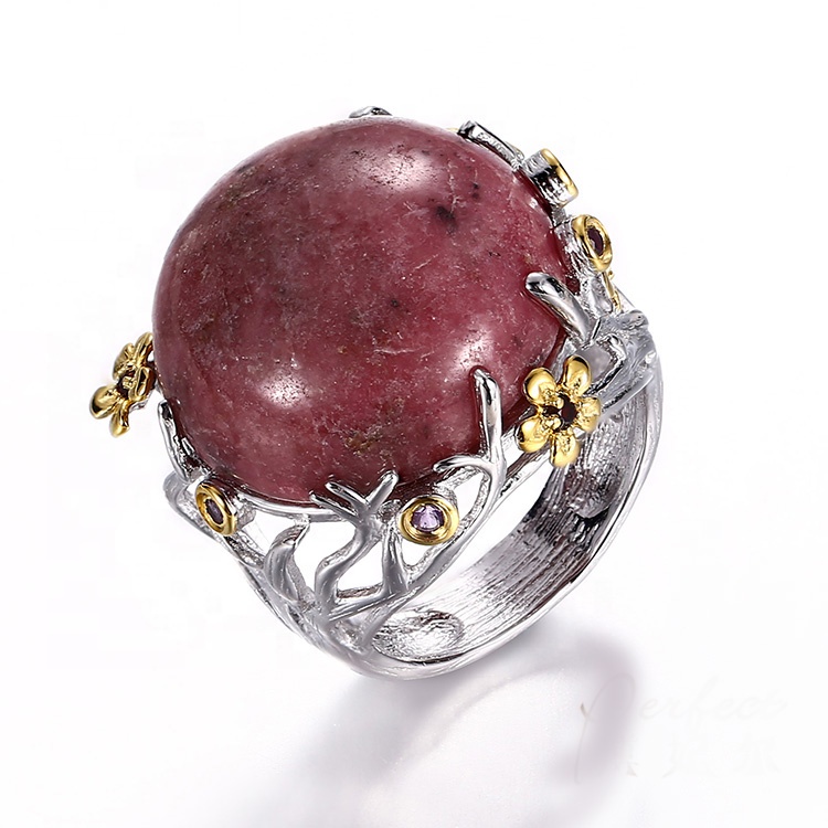 Big Rhodochrosite Stone 925 Sterling Silver Jewelry Ring With White Gold Plated