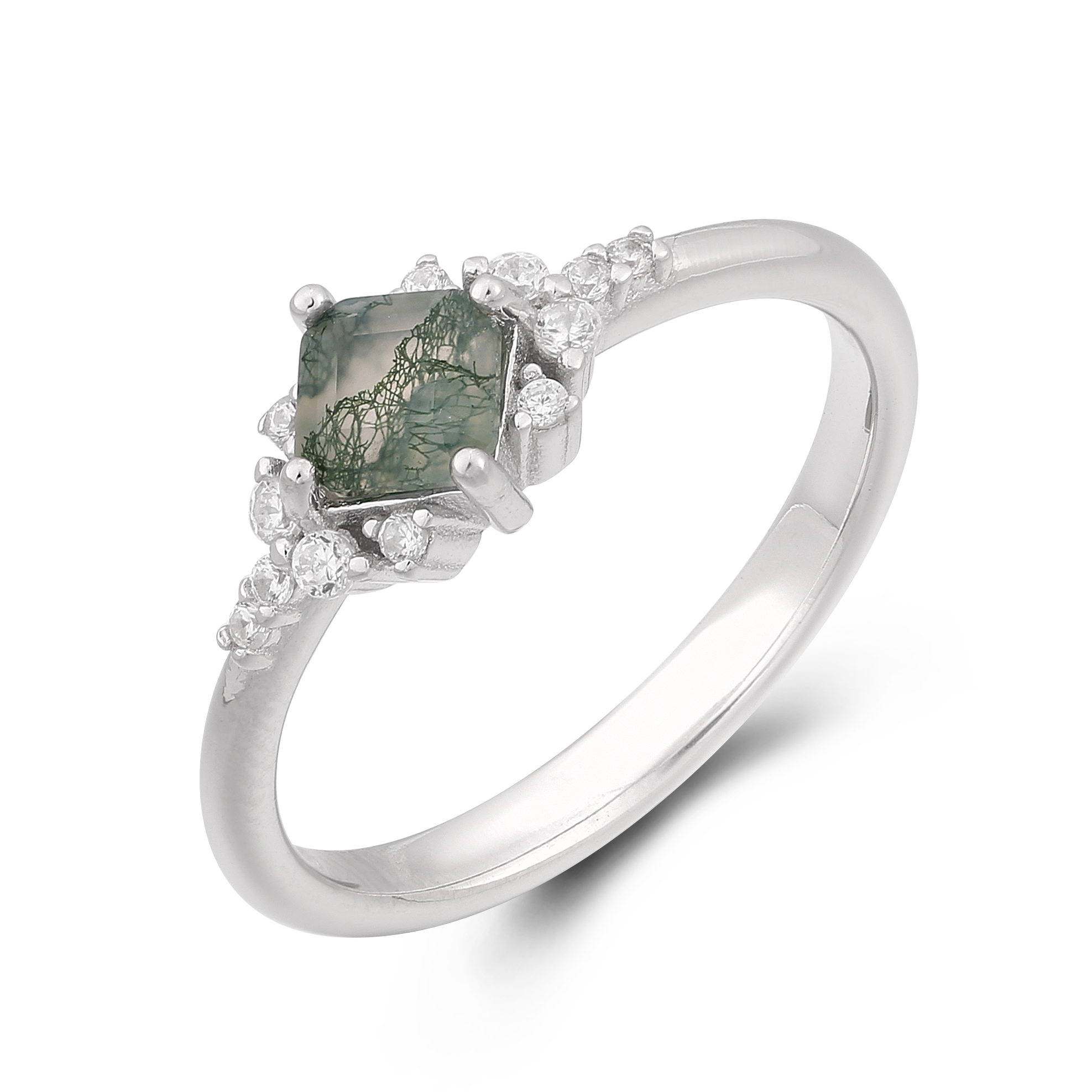 High Quality Nature Gemstone Fine Jewelry Sterling Silver 925 Geometric Shape Green Moss Agate Rings for Girl Man