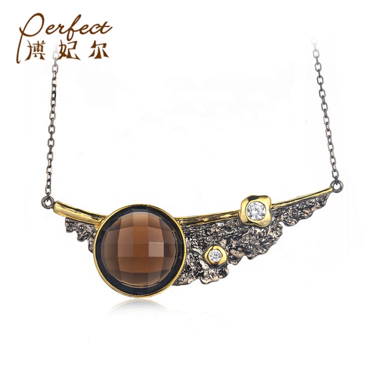 Custom Ethnic Style 925 Sterling Silver Jewelry Necklace Pendant With White Zircon/Smoky Quartz