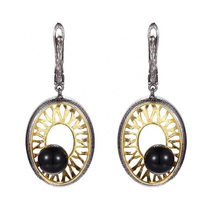 Custom Design Gold Plated Jewelry Round Eye Shape Luxury Black Agate Jewelry Set