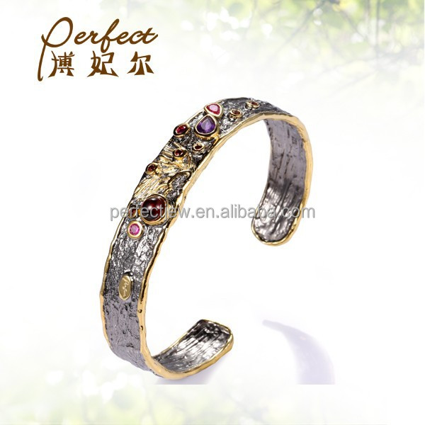 Italian Retro Design Amethyst 925 Sterling Silver Gold Plated Bracelet Bangle