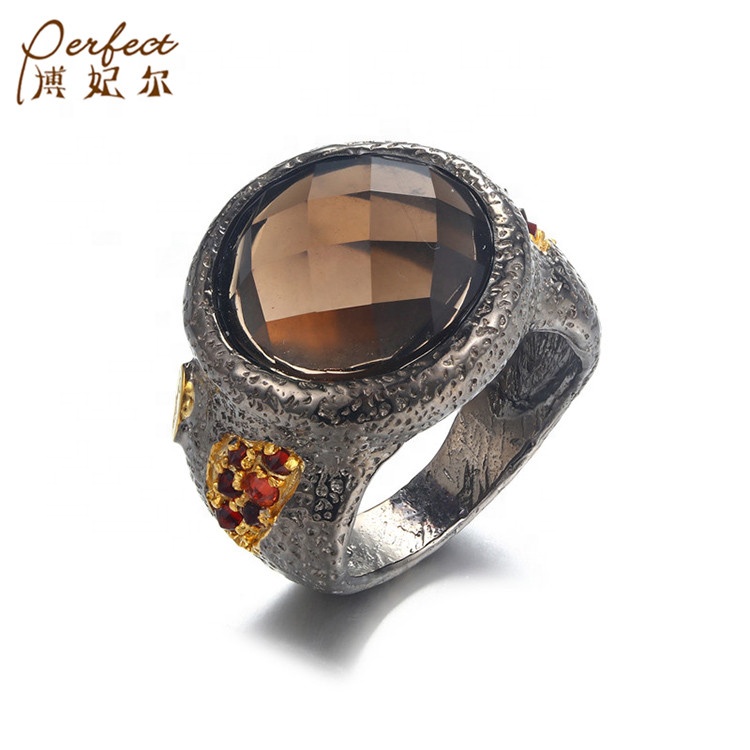 Handmade Mexican Natural Smoky Quartz 925 Sterling Silver Ring With Garnet