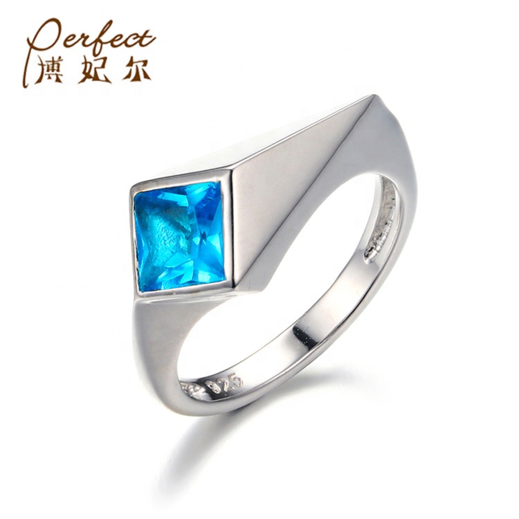 Simple Design Blue Glass Sterling Silver Jewelry Ring S925 For Women