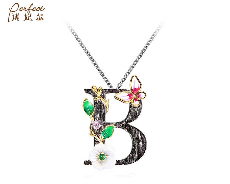 925 Sterling Silver Gold Plated Fashion Letter K Zircon Pendant Jewelry With Green Spinel/ Flower Shell