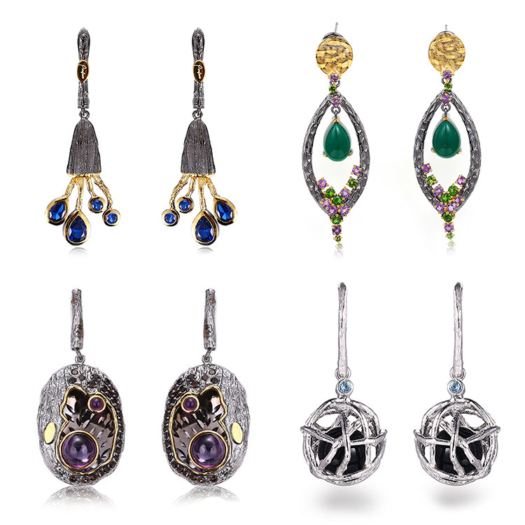 Wholesale Top Selling Multicolor Gemstone Women Handmade Silver Jewelry Blue Topaz Dangle Earrings