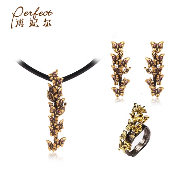 Thailand Handmade Butterfly Design  925 Sterling Silver Guangzhou Gold Plated Jewelry Set