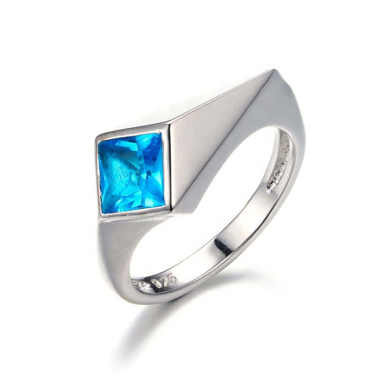 Simple Design Blue Glass Sterling Silver Jewelry Ring S925 For Women