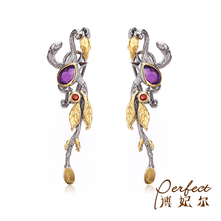 Tree Snake Fashion Design Amethyst Stone 925 Sterling Silver Stud Earrings Women