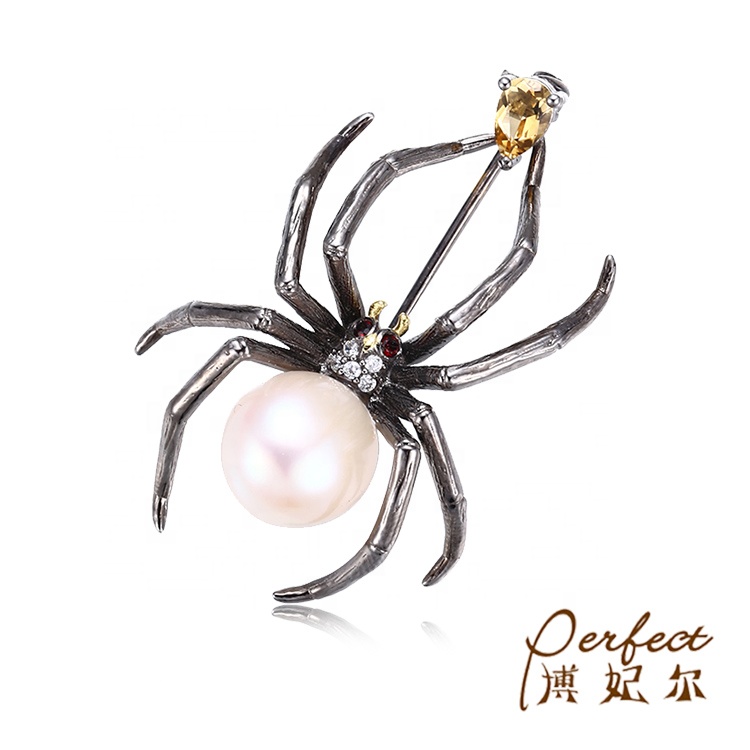 Cute Insect Spider Baroque Pearl Sterling Silver 925 Brooch