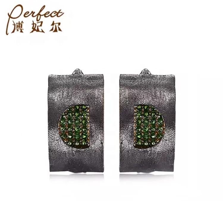 Black Rhodium Plated Diopside Stone 925 Sterling Silver Earrings for Women