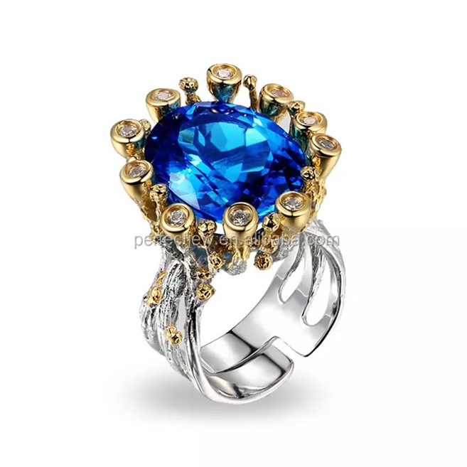 Handmade 925 Sterling Silver Big Blue Glass Finger Ring for Women