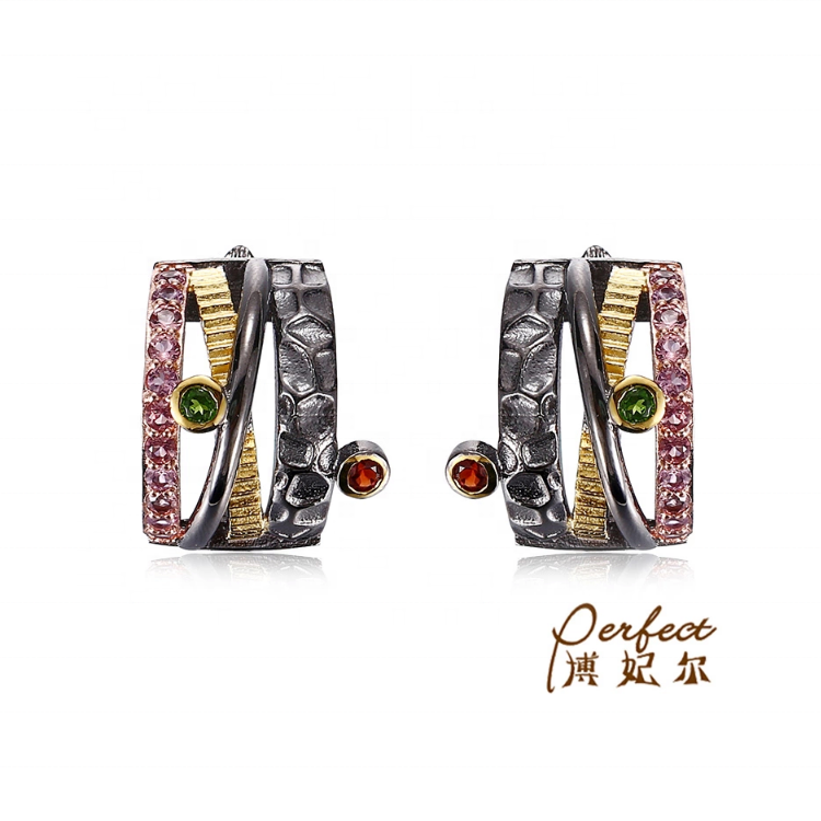 Fashion Handmade Garnet Gold Plated 925 Sterling Silver Earrings