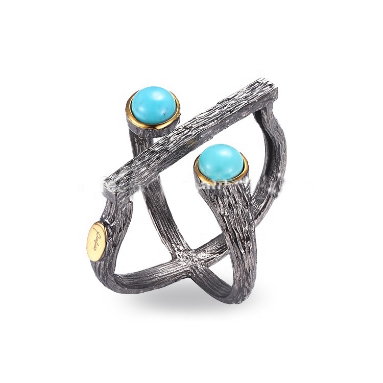 Fancy Design Turquoise 925 Sterling Silver Ring with Gold Plated