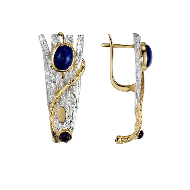 Fashion Thailand Design 925 Sterling Silver Blue Stone Clip Earrings