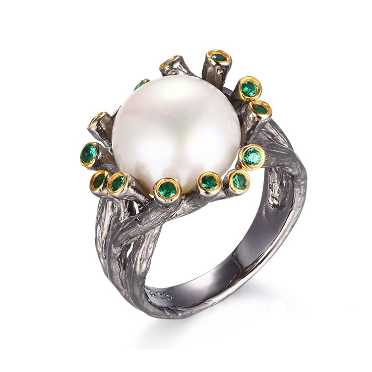 Natural Freshwater Button Baroque Pearl 925 Silver Jewelry Ring