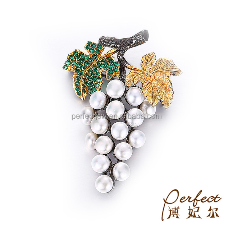 Wholesale Grape Design Fashion 925 Sterling Silver Button Pearl Brooch Jewelry