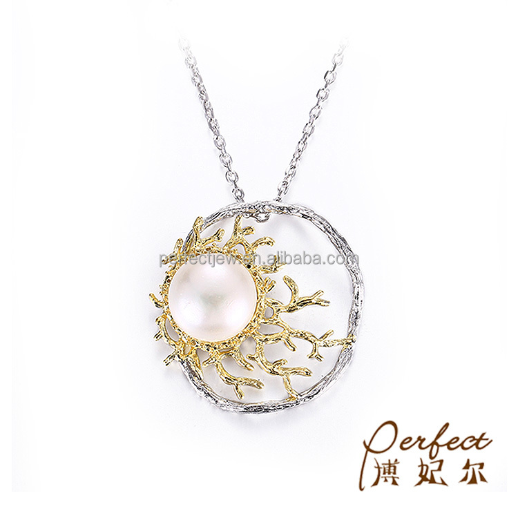 New Design Freshwater Baroque Button Pearl 925 Sterling Silver Necklace