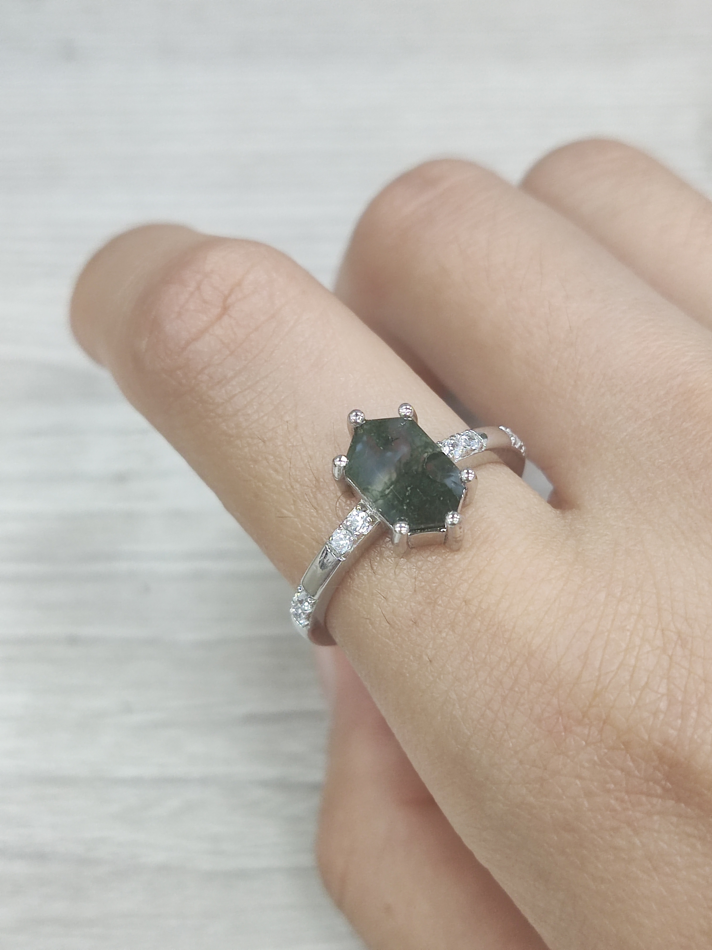 925 Sterling Silver Green Moss Agate Geometry Cut Engagement Ring Nature Inspired New Design