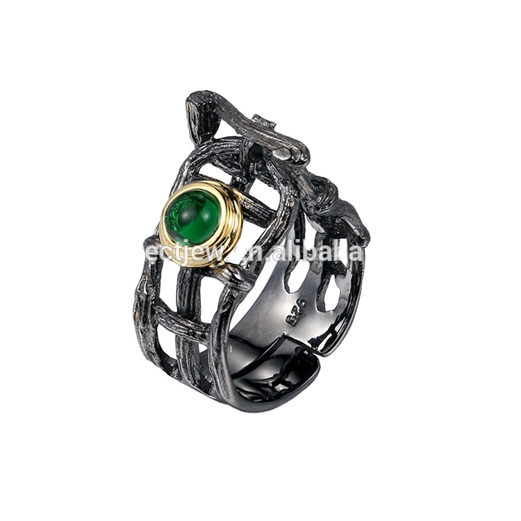 Handmade Funky Green Glass 925 Sterling Silver Black Plated Ring