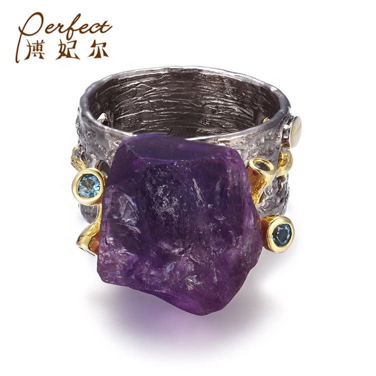 Custom Black Vintage Amethyst Finger Men Ring  Unisex Sterling Silver Ring Custom