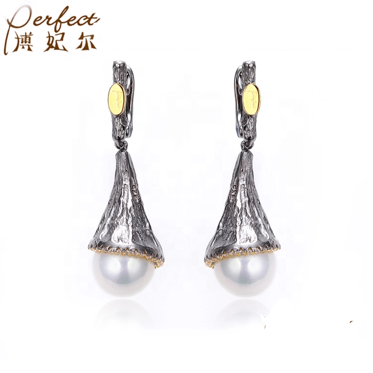 Shell Pearl Cage 925 Sterling Silver Drop Earrings with Black Gold Plated