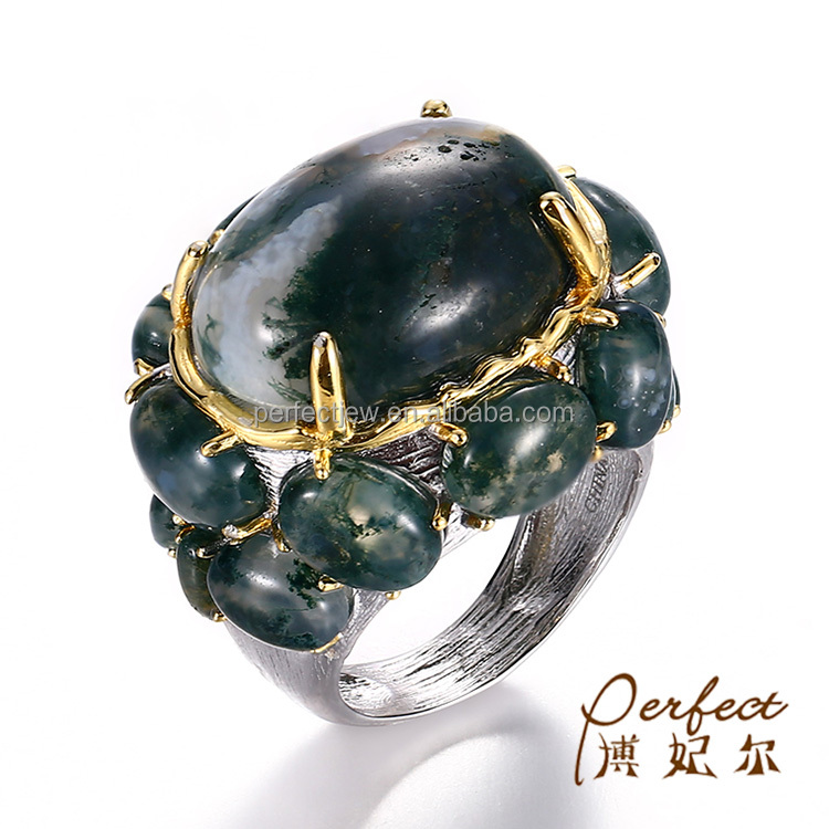 Retro Agate 925 Sterling Silver Handmade Ring with Gold Plated