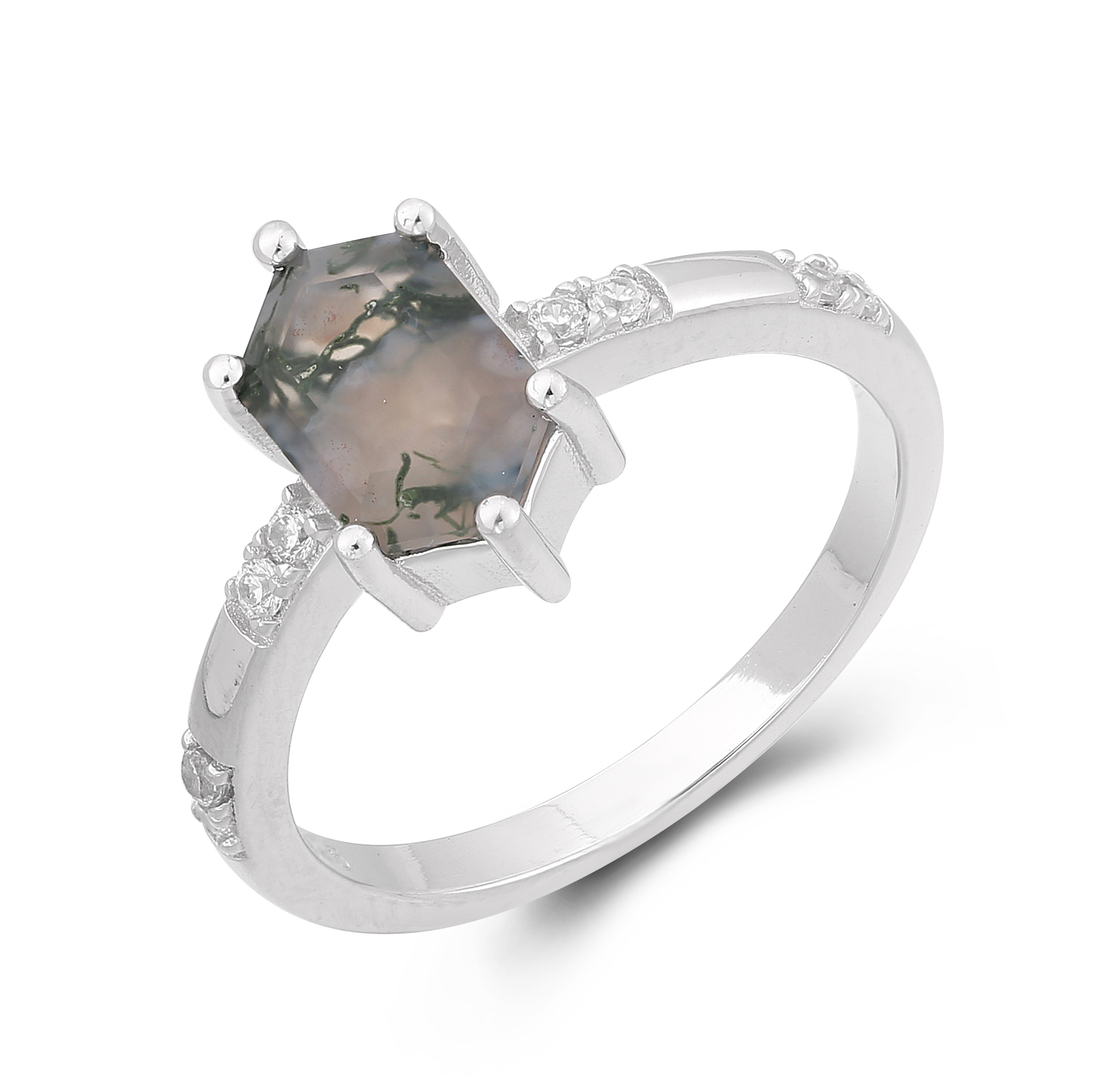 925 Sterling Silver Green Moss Agate Geometry Cut Engagement Ring Nature Inspired New Design