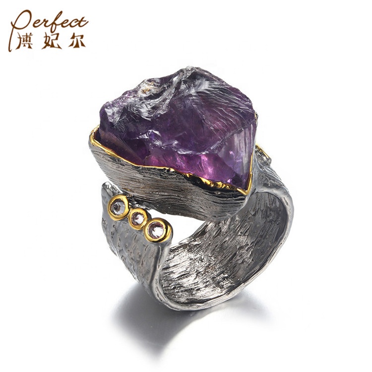 Impressive Look Big Amethyst Stone 925 Sterling Silver Handmade Ring With White Zircon Wholesaler