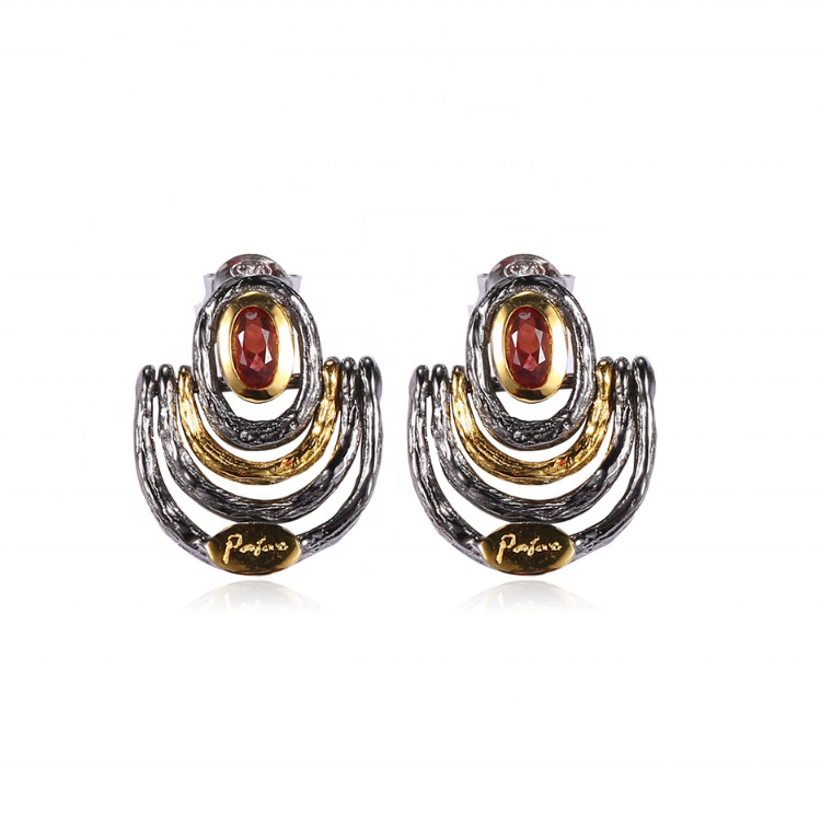 Italian Design Earrings Garnet 925 Silver Charm Earrings Hooks Gold Plated