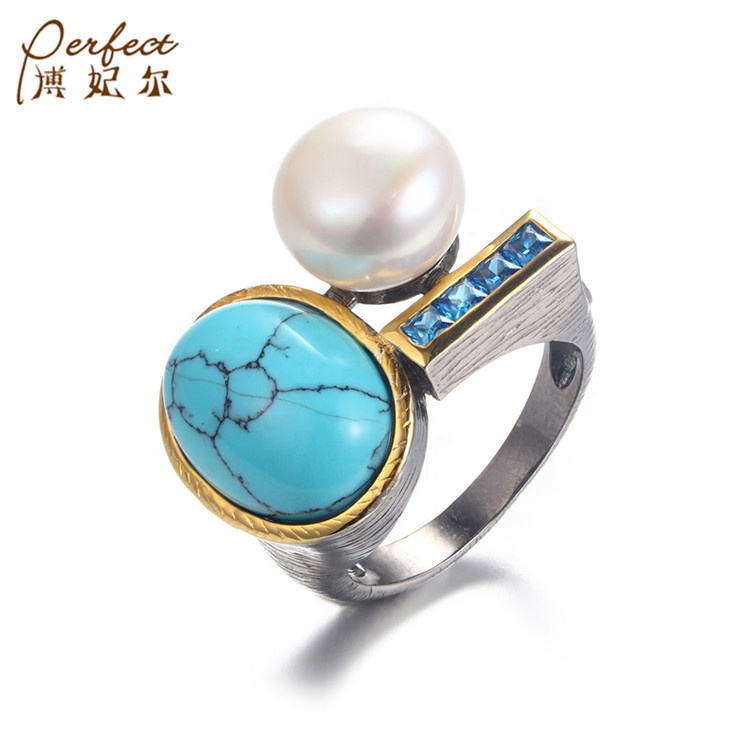 100% Real baroque freshwater button Pearl Ring ,925 Sterling Silver Ring With Synthetic Turquoise/Blue Zircon