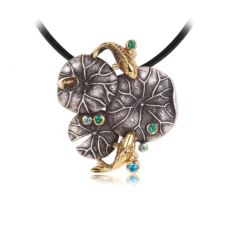 Handmade Thailand Fancy Designs Lotus Fish 925 Silver Spinel Stone Pendant Jewelry For Girls