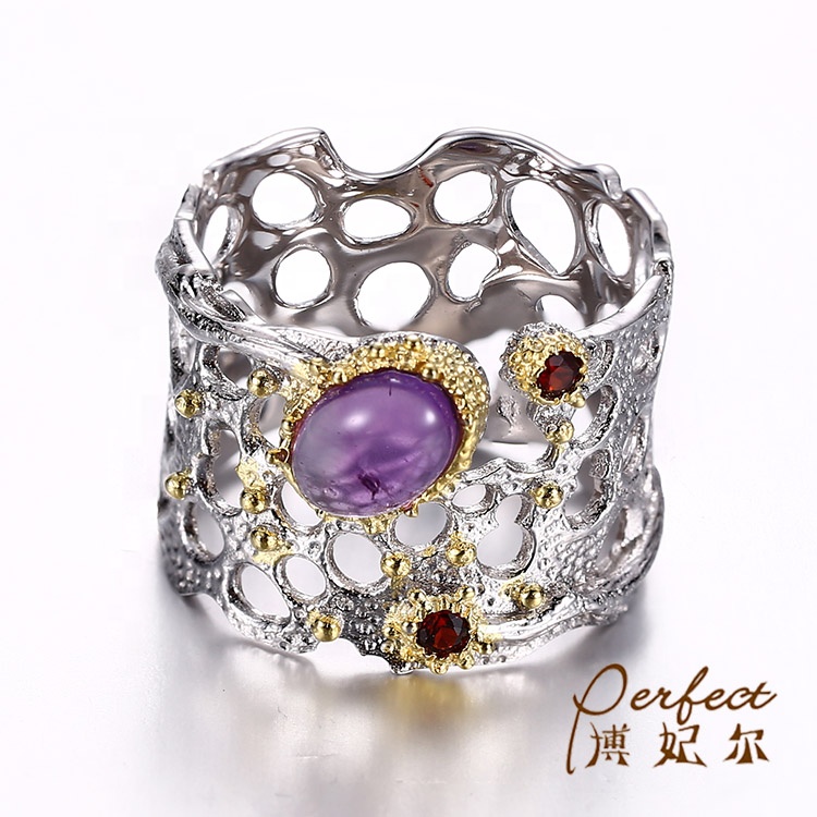 Fashion Hollow Design 925 Sterling Silver Rings with Amethyst Garnet Stone