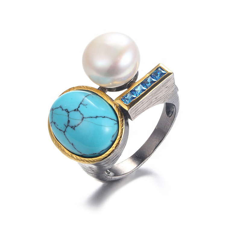 100% Real baroque freshwater button Pearl Ring ,925 Sterling Silver Ring With Synthetic Turquoise/Blue Zircon