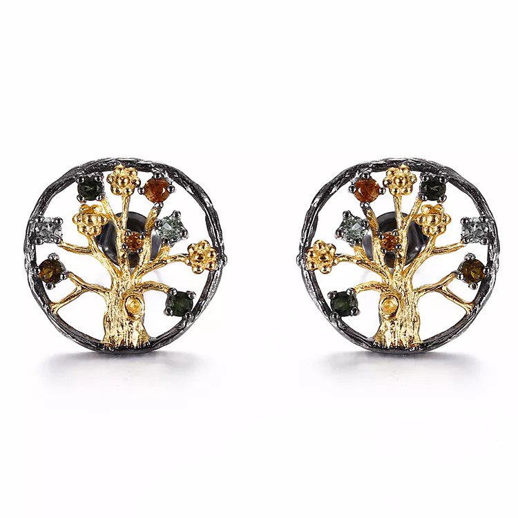Colourful Tourmaline Tree Design 925 Silver Clip Earrings